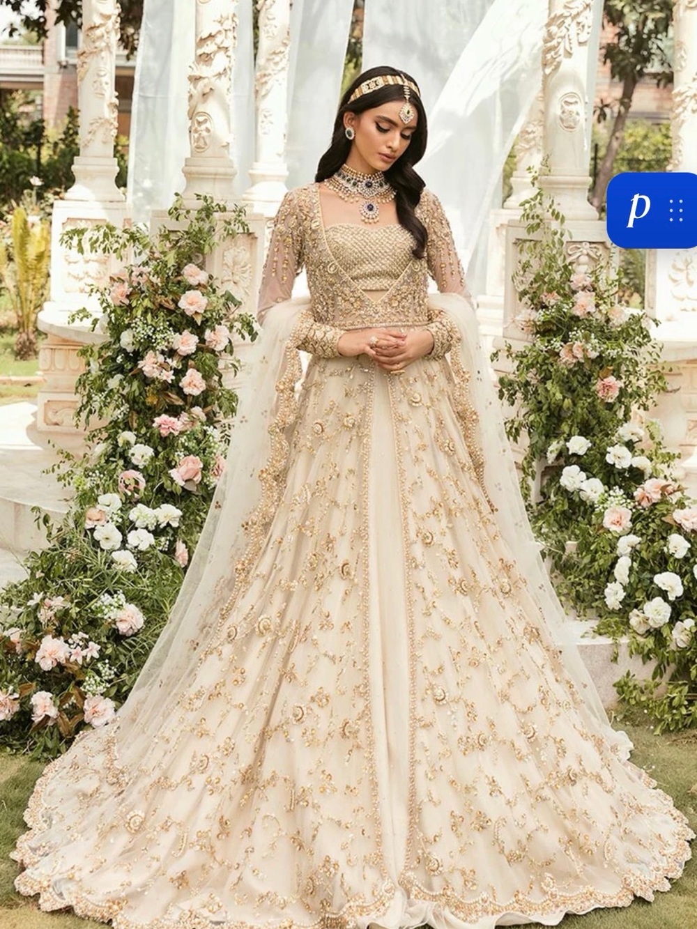 Embellished Ivory-Gold Bridal Gown with Sheer Sleeves